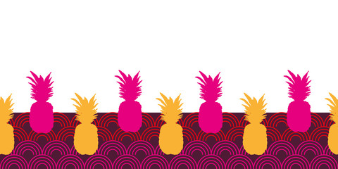 Pineapple Sunset Border-Fruit Delight. Modern pattern illustration of pineapple in sunset colors abstract circle lines in pink,yellow,purple,blue and orange.Perfect for fabric, scrapbook, wallpaper.