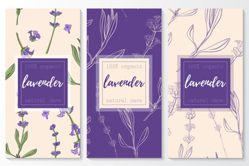 Vector set of lavender natural cosmetic vertical banners on a seamless pattern. - obrazy, fototapety, plakaty