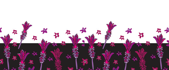 French Lavender Border-Love in Parise seamless repeat pattern Background. Abstract pattern illustration of lavender shapes flowers in pink,purple black. Perfect for Fabric, Scrapbook, wallpaper.