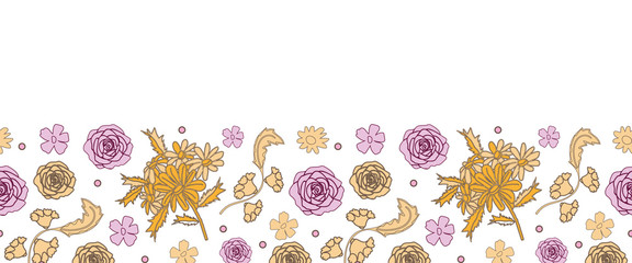 French Rose Border-Love in Parise Seamless Repeat Pattern. Romantic Background illustration border with Roses and Yellow weed in pink and yellow colors . Perfect for Fabric, Scrapbook, wallpaper.