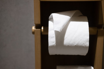 Roll of white toilet paper on wood paper holder