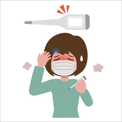 熱を出した女性と体温計