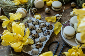Quail eggs in a box on a background of Easter decoration