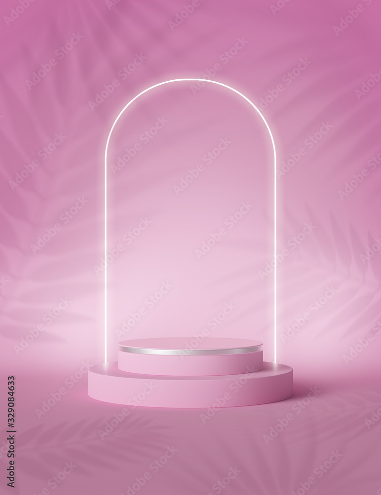 Poster 3d render, abstract palm leaves shadows over pink background with copy space for product displaying.