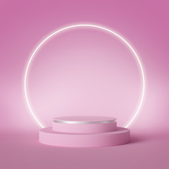 3d render. Modern minimal showcase mockup. Abstract pink background. Fashion concept. Glowing neon light ring over empty podium stage, vacant cylinder pedestal steps. Blank round frame with copy space