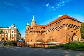 The Krakow Barbican, a fortified outpost of the city walls. The historic center of Krakow town, Poland, Europe.