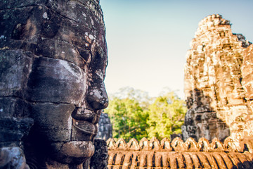 Angkor Thom Temple smiling faces. Bayon temple. Cambodia Siem Reap.