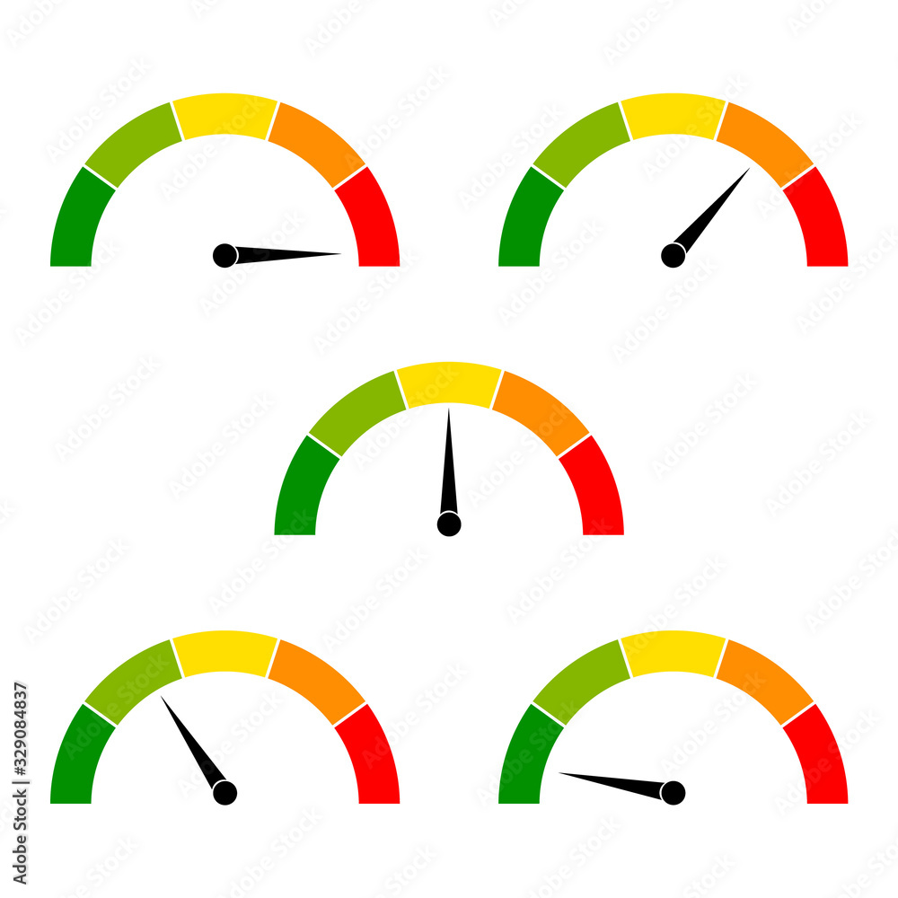 Poster speedometer icon with arrow. dashboard with green, yellow, red indicators. gauge elements of tachome