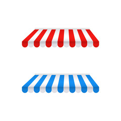 Colored awnings isolated on white background. Striped red-white and blue-white sunshade for shops, architectures, cafes and street restaurants. Outside canopy, tent, roof, from the sun, rain. Vector.