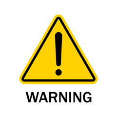 Warning sign isolated on white background. Black danger caution symbol on yellow triangle. Warning label of hazard for attention on road. Error, risk in web. Exclamation mark-accident message. Vector