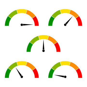 Speedometer Icon With Arrow. Dashboard With Green, Yellow, Red Indicators. Gauge Elements Of Tachometer. Low, Medium, High And Risk Levels. Scale Score Of Speed, Performance And Rating Power. Vector.