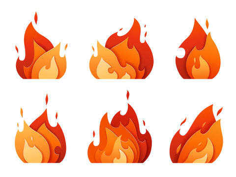 Set of fire logos carved out of paper. Bright flame from different layers. Icons of a burning fire
