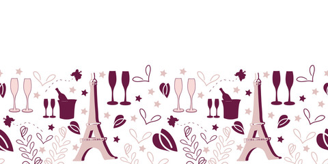 Romantic Vacation Border-Love in Parise seamless repeat pattern border with Eiffel tower champagne glass modern hearts and Lavender Flowers in pink maroon. Perfect for fabric, scrapbook, wallpaper.