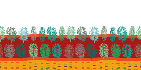 Forest at Noon Border-Virgin Forest seamless repeat pattern Border pattern of modern fern shapes lines in red green blue petrol,yellow and orange .Perfect for fabric, scrapbook,wallpaper.