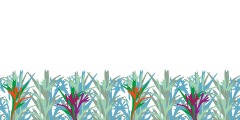 Modern Fern Border-Virgin Forest illustration seamless Repeat Pattern in green,blue,purple,red,orange,white & Brown.