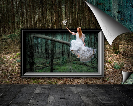 Photo montage with fairy or elf who sits in a frame in the forest releases a pigeon and is back on photo wallpaper with other forest in background