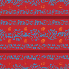 Colorful Lace -Geometric Modern Flowers seamless repeat pattern background. Modern pattern of laces flowers shapes & stripes in red,blue,maroon & orange . Perfect for fabric, scrapbook, wallpaper.