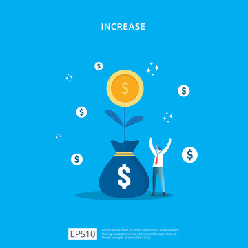Plant money coin tree growth illustration for Investment Concept. income salary rate increase concept with people character and dollar symbol. Business profit performance of return on investment ROI