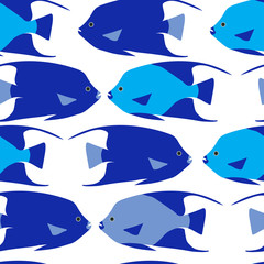 Pattern of marine blue and blue fish on a white background