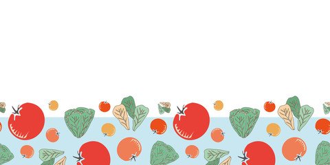 Fresh Vegetables Border-Vegi Delight, seamless repeat pattern illustration. Modern pattern border in red, green orange and blue. Modern pattern border. Perfect for fabric, scrapbook, wallpaper.