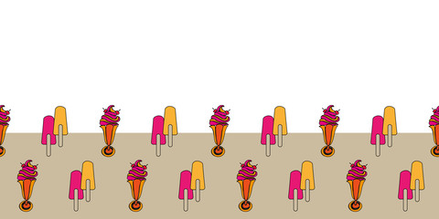 Ice Pop Sunday Border-Sweet Dreams seamless repeat pattern. Pattern border in pink, red,orange,yellow,cream white. Fun pattern background. Perfect for fabric, scrapbook, wallpaper.