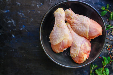 chicken legs shin (raw meat ) menu concept. background. top view. copy sapace for text