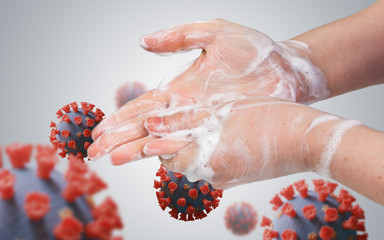 Hygiene concept. Woman is washing her hands. Many viruses around