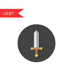 Medieval military element icon in dark circle isolated on white background. Vector sign in flat design. Knight sword as symbol of war, battle, fighting, courage, justice. King weapon silhouette.