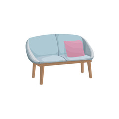 Vector illustration of a blue sofa side view in cartoon style. Small chair and 1 pink pillow. Furniture for interior Isolated on a white background.