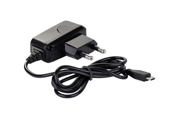 Black power adapter with micro-USB cable isolated on white - obrazy, fototapety, plakaty