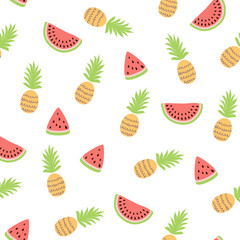 Tropical watermelon pinapple seamless pattern Cute simple summer fruits background Fresh print Vector