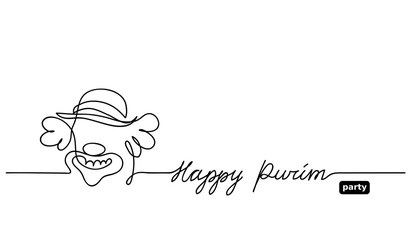 Simple black and white clown sketch, doodle. Happy purim vector background with clown. One continuous line drawing with lettering Happy purim