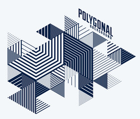 Line design 3D cubes and triangles abstract background, polygonal low poly isometric retro style template. Stripy graphic element isolated. Template for poster or banner, cover or ad.