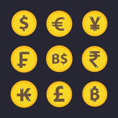 World currency symbol and coins set 