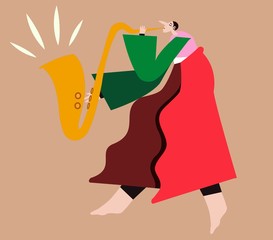 Musician Man Character Playing Saxophone. Man with Horn, Young Instrumentalist, Festival Jazz Music Player. Performance Soloist Cartoon Flat Vector Illustration, Clip Art, Abstraction.