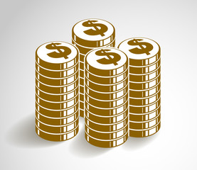 Coin stack cash money or casino chips still-life, vector icon, illustration or logo, revenue or taxes concept, pile of cents.