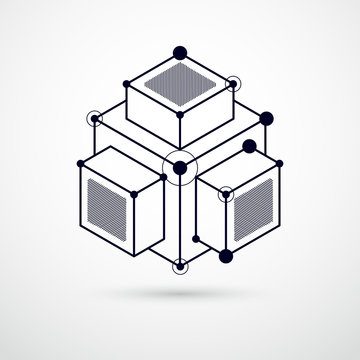 Abstract modern retro black and white 3D background, geometric futuristic shapes vector illustration. Abstract scheme of engine or engineering mechanism.