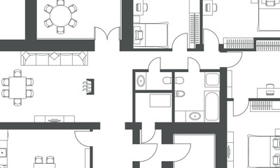 Architectural background. Part of architectural project, architectural plan of a residential building. Black and white vector illustration EPS10