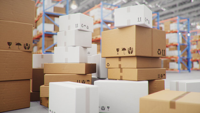 3D Illustration packages delivery, parcels transportation system concept, heap of cardboard boxes in middle of the warehouse. Warehouse with cardboard boxes inside on pallets racks. Huge warehouse.