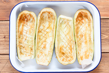 Step-by-step preparation of stuffed eggplants, step 3 - cut and cleaned eggplants for stuffing in a...