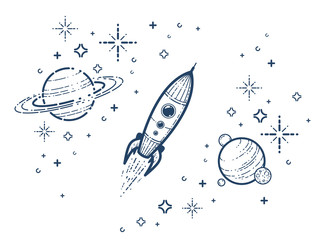 Rocket launch vector simple linear icon, missile start up business line art illustration, space technology and science, science fiction literature sign.