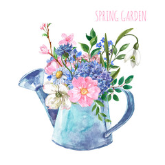 Watercolor beautiful floral bouquet in a watering can illustration, isolated on white background. Bunch of cute spring pink and blue flowers, greenery leaves. Easter card, mothers day invitation. © Anna Nekotangerine