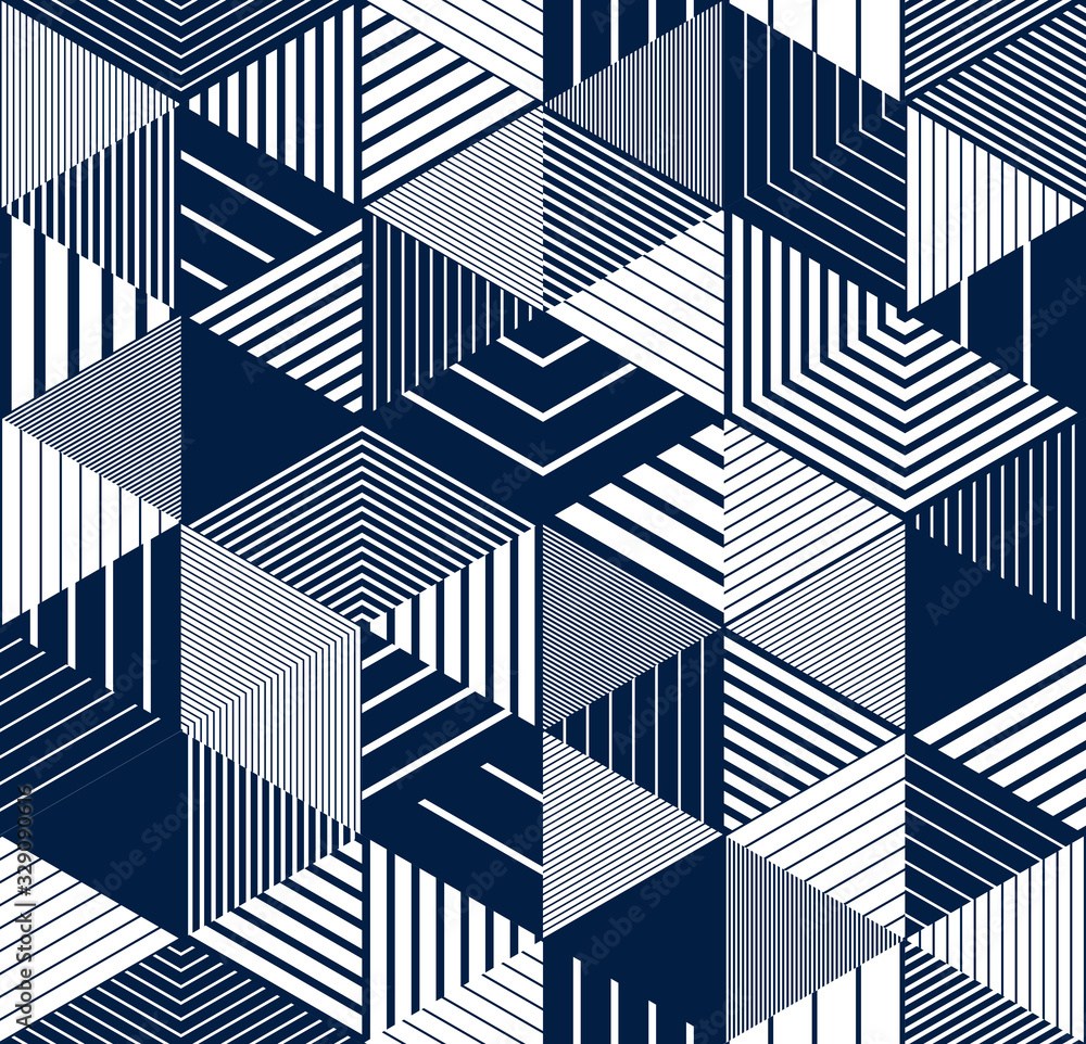 Poster seamless isometric lines geometric pattern, 3d cubes vector tiling background, architecture and cons