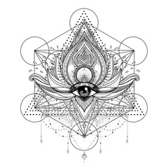 Vector ornamental Lotus flower, all-seeing eye, patterned Indian paisley. Hand drawn illustration. Invitation element. Tattoo, astrology, alchemy, boho and magic symbol. Coloring book for adults.