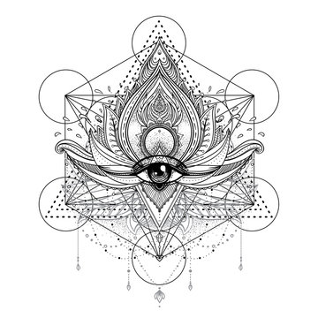 Vector ornamental Lotus flower, all-seeing eye, patterned Indian paisley. Hand drawn illustration. Invitation element. Tattoo, astrology, alchemy, boho and magic symbol. Coloring book for adults.