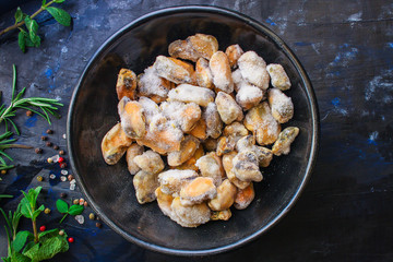 mussels frozen (seafood semi-finished) menu concept. background. top view. copy space for text