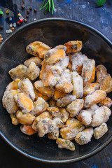 mussels frozen (seafood semi-finished) menu concept. background. top view. copy space for text