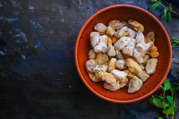 mussels frozen (seafood semi-finished) menu concept. background. top view. copy space for text