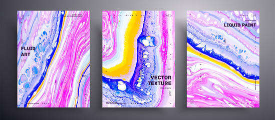 Abstract liquid banner, fluid art vector texture pack.Trendy background that can be used for design cover, poster, brochure and etc. Blue, pink and yellow unusual creative surface template
