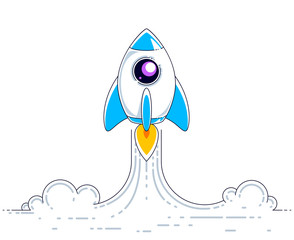 Rocket start to space to discover undiscovered galaxies. Explore universe, interesting space science. Thin line 3d vector illustration isolated on white.